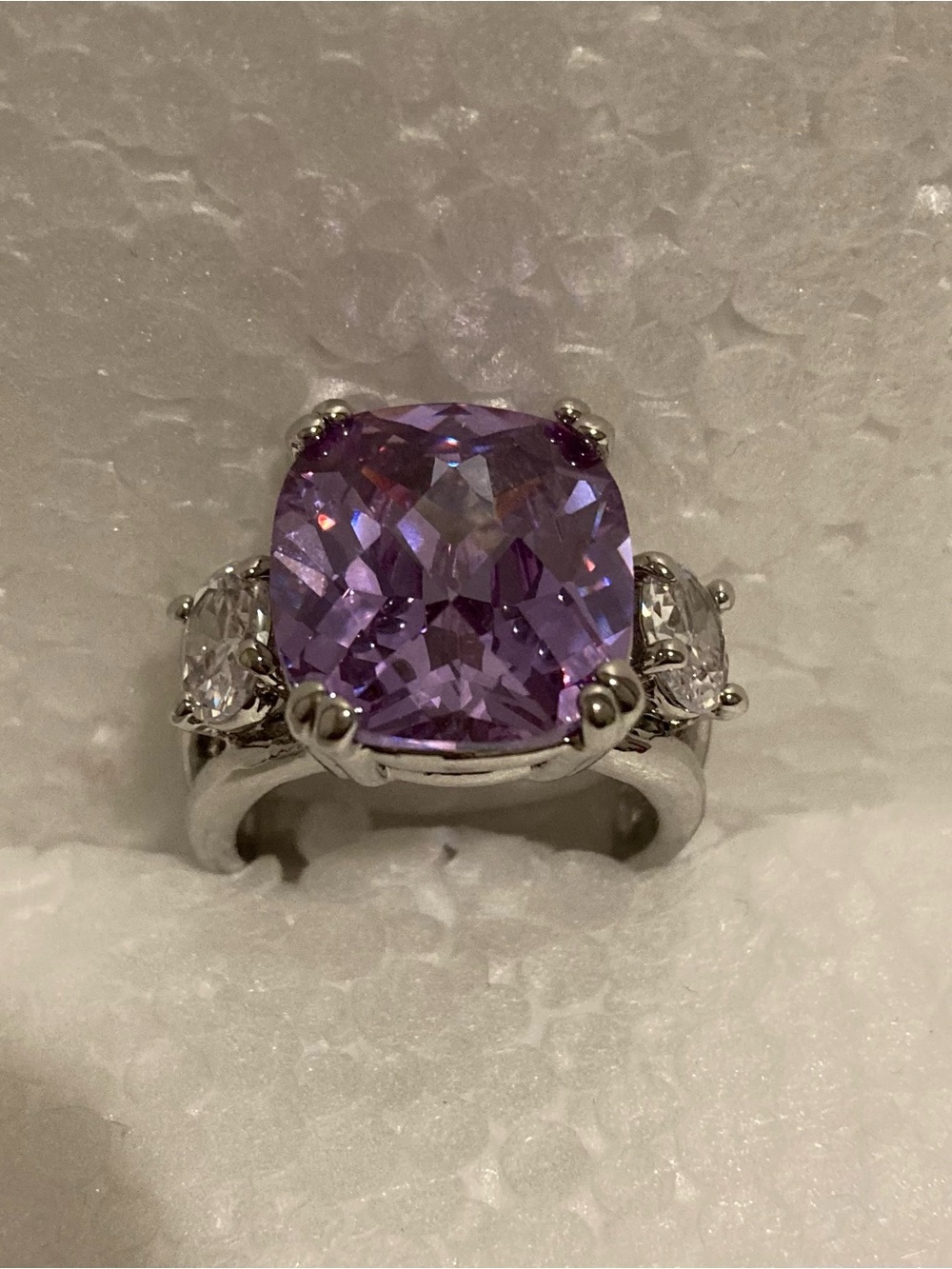 Silver Ring with Cushion Purple Center Stone and Side Accents